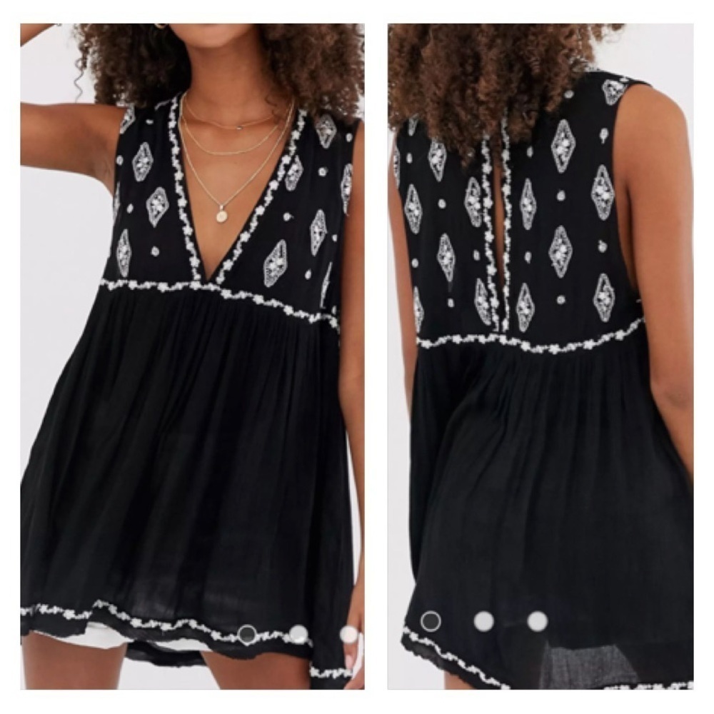 Free People Diamond Embroidered Tunic Black White Size XS Oversized Mini Dress
